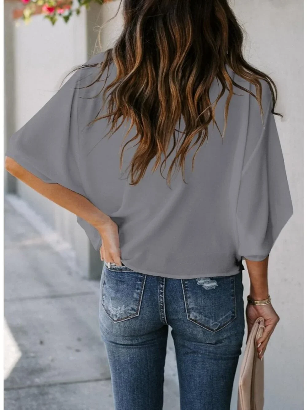 Women's 3/4 Sleeves Gray Wrap Draped Front Blouses Cowl Neck Chiffon Tops - Picture 4 of 4